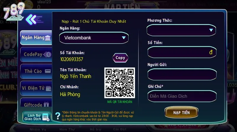 Nạp tiền vào tài khoản để chơi lân hái lộc 789club ngay!